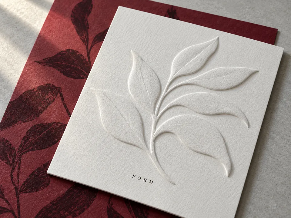 White cotton card with a raised blind-embossed leaf on a cranberry printed sheet