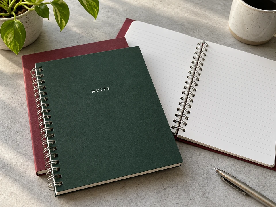 Green and cranberry paper-cover notebooks with twin-loop binding and ruled pages