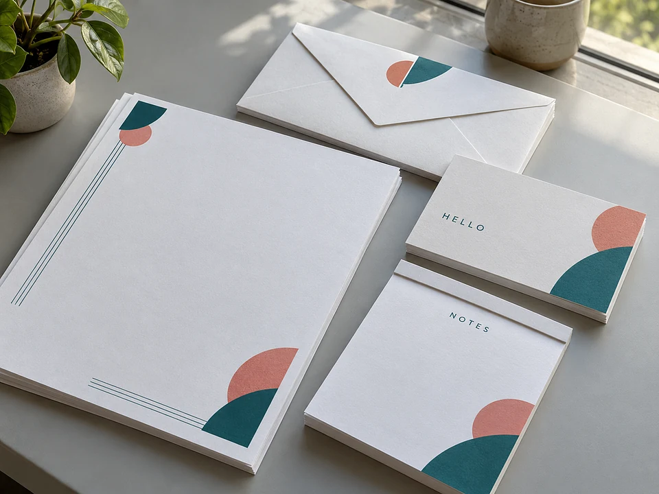 Coordinated teal letterhead, envelopes, note cards and a writing pad on a pale desk