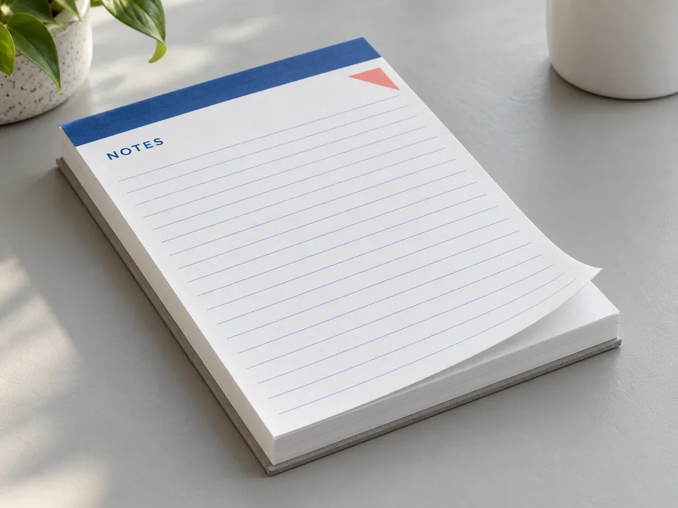 Blue and coral glued desk notepad with a lifted tear-off sheet and visible paper stack
