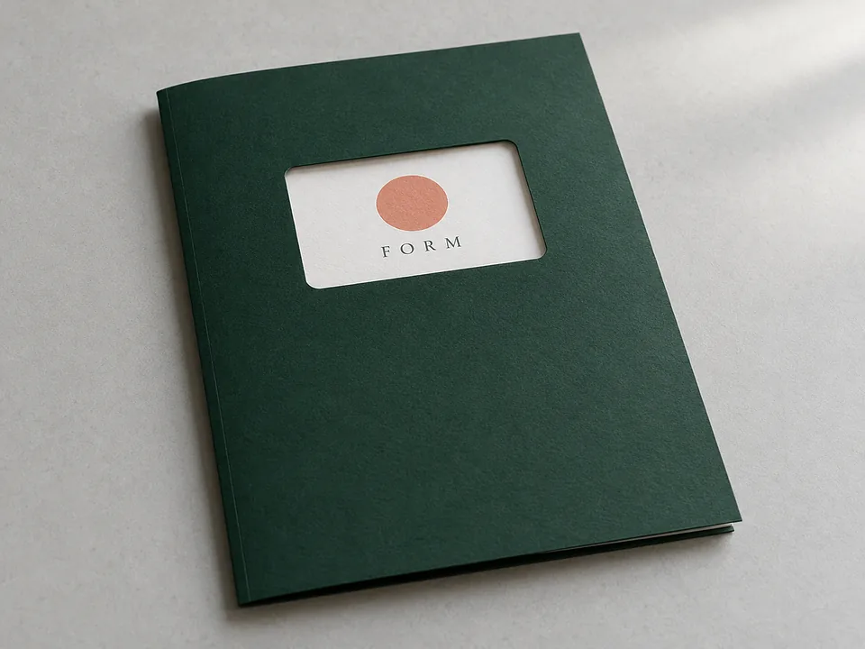 Deep green presentation folder with a rounded rectangular die-cut window revealing a printed insert