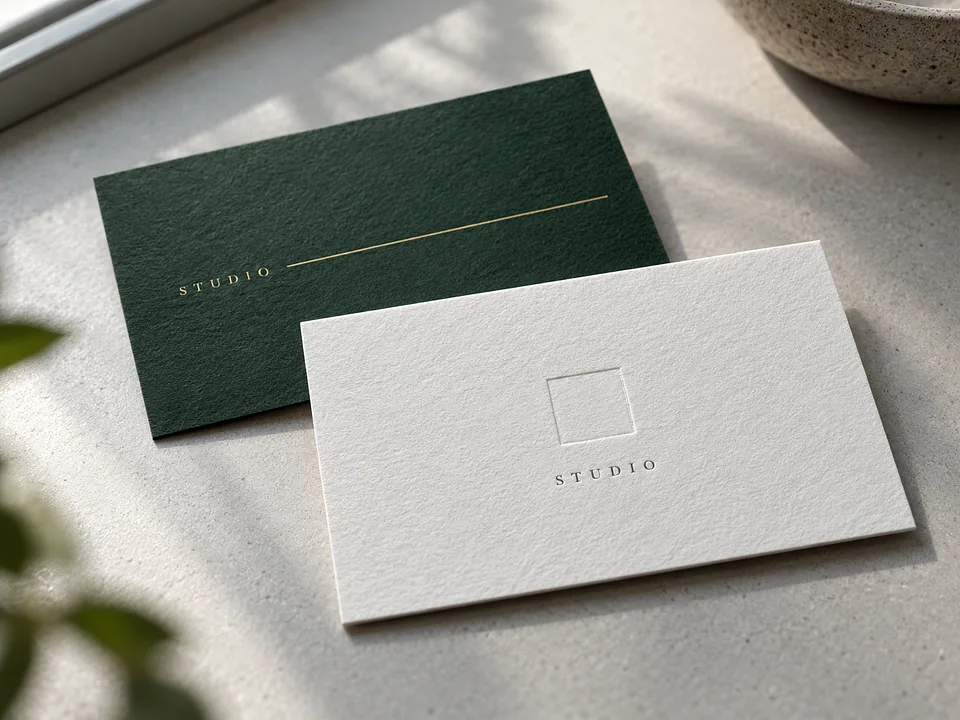 Business print cards with a thin foil rule and a blind deboss square