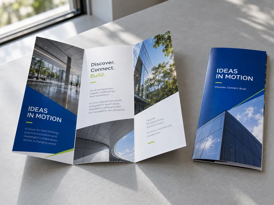 Folded corporate brochures with three visible panels