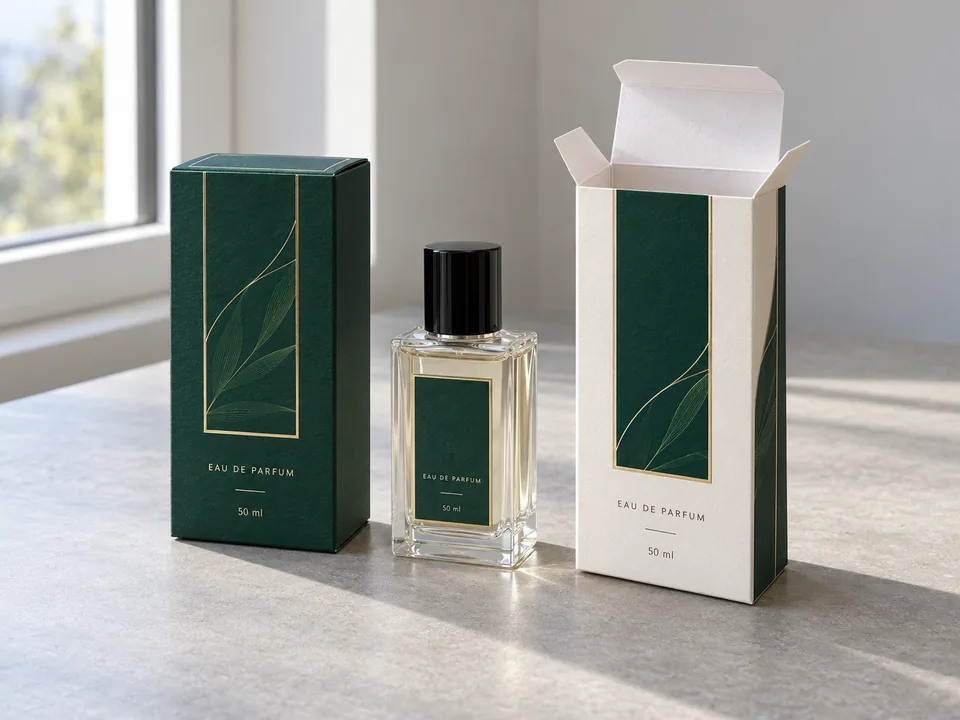 Open and closed perfume folding cartons with matching printed artwork