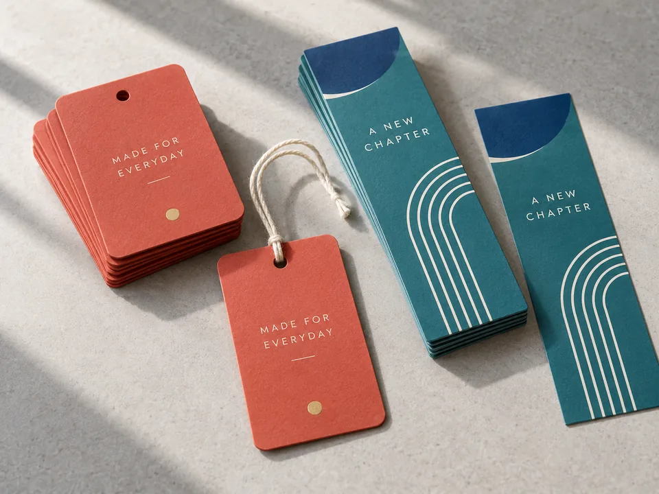 Coral hang tags with punched holes and teal printed bookmarks