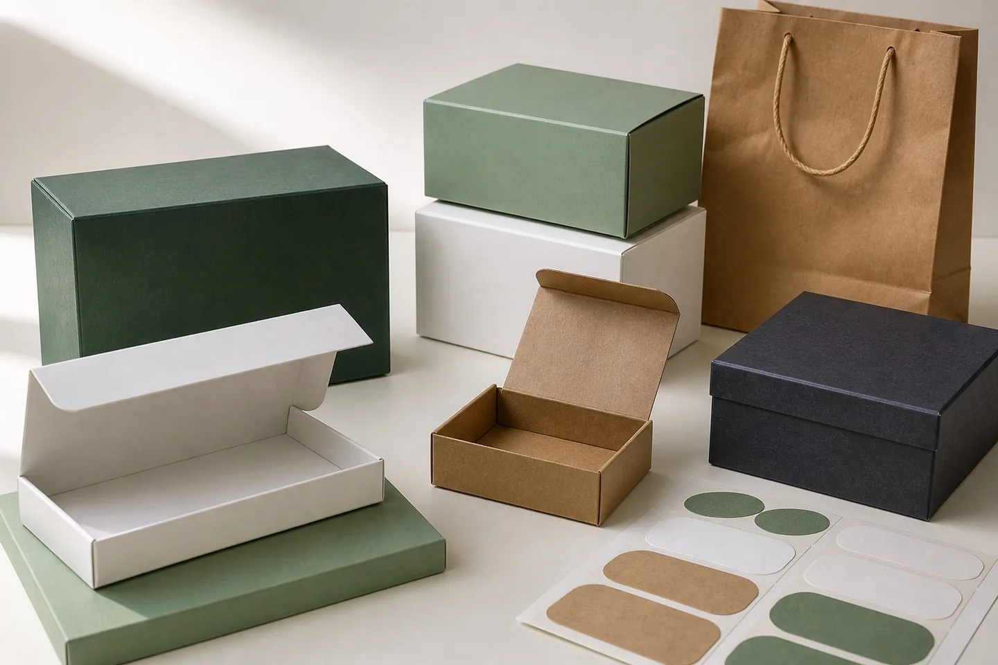 Illustrative packaging examples with folding boxes, rigid boxes, paper bags and labels