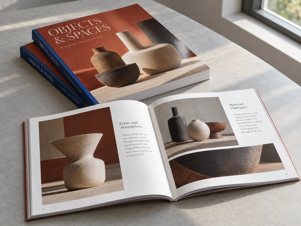 Softcover printed books with visible spines and an open spread