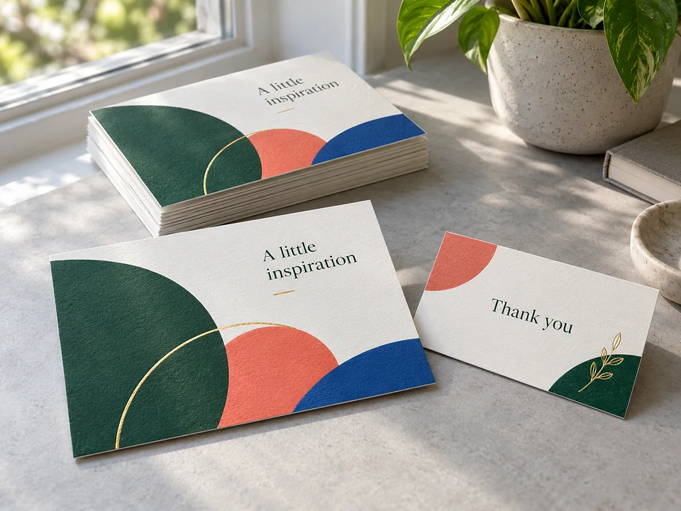 Printed promotional postcards and brand insert cards with green, coral and blue artwork