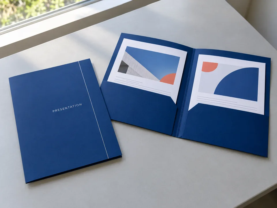 Printed presentation folders with pockets holding sales sheets