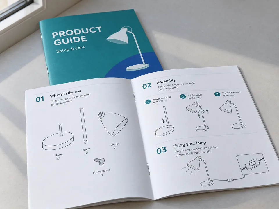 Printed instruction manuals with illustrated setup steps