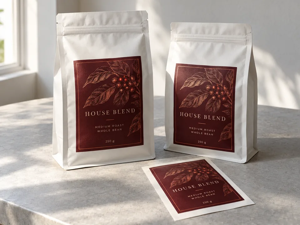 Coffee pouch labels with a fine metallic accent