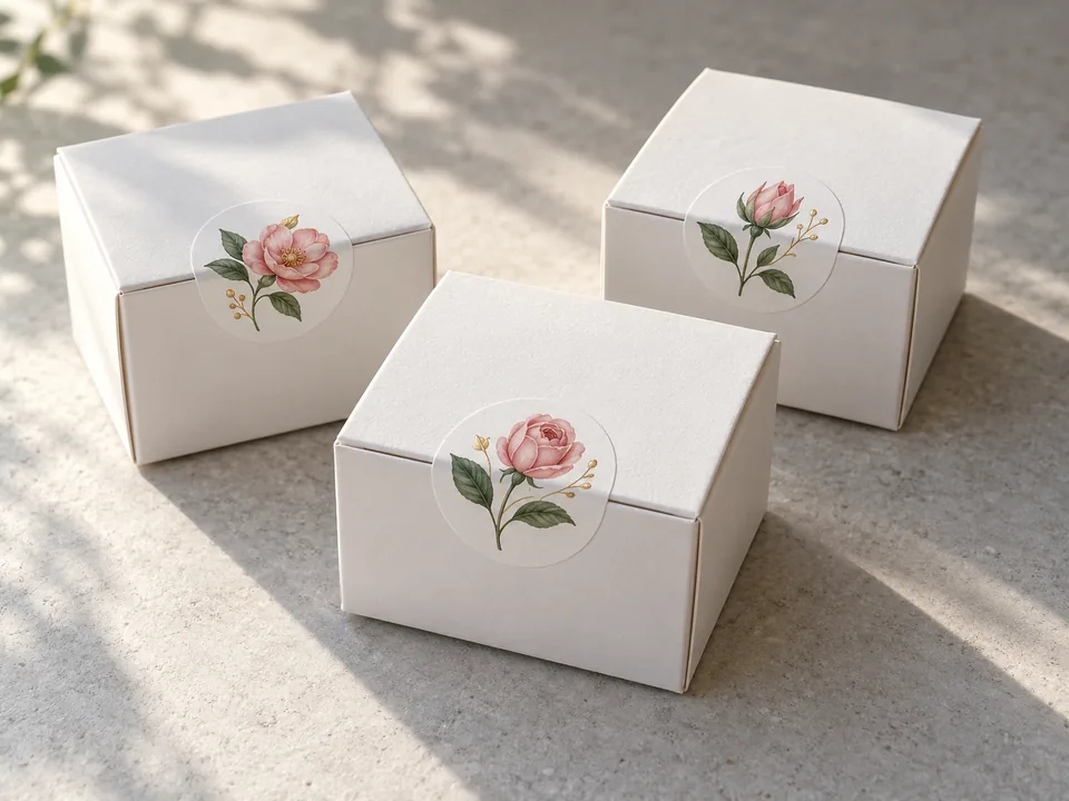 Floral sealing stickers across closed carton seams