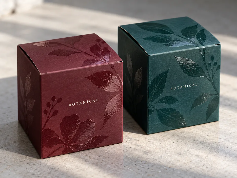 Burgundy and teal printed cartons with selective gloss botanical details
