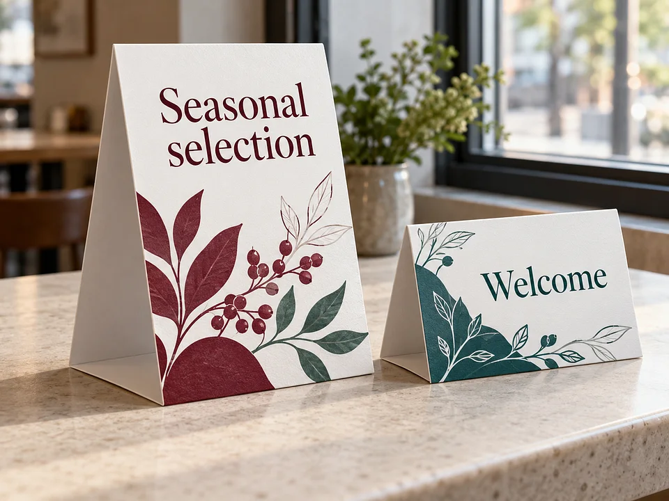 Upright burgundy and teal tabletop tent cards showing folded paper construction