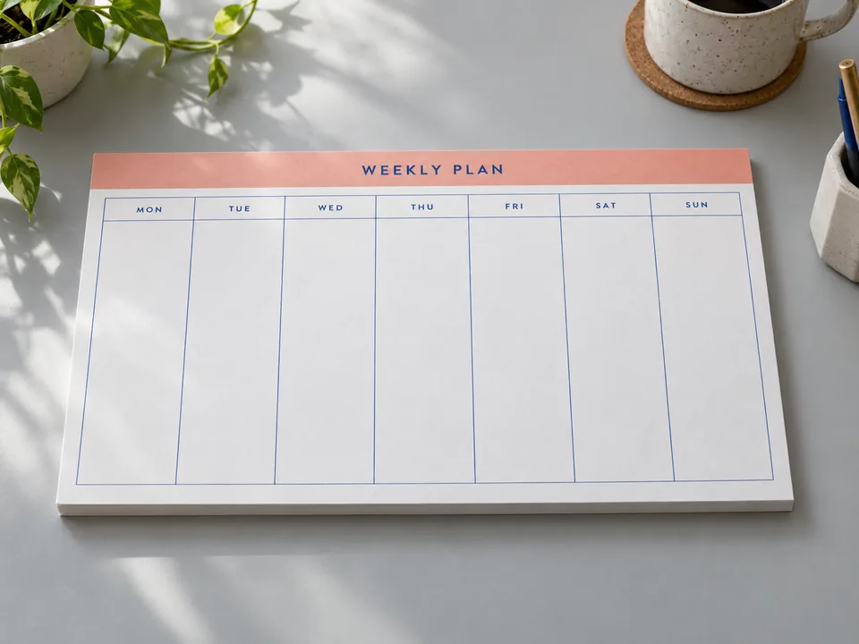 Undated landscape weekly planner pad with seven blue columns and a coral header